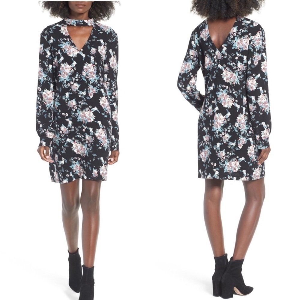 WAYF Boho Floral Black Choker Neckline Keyhole Long Sleeve Shift Dress